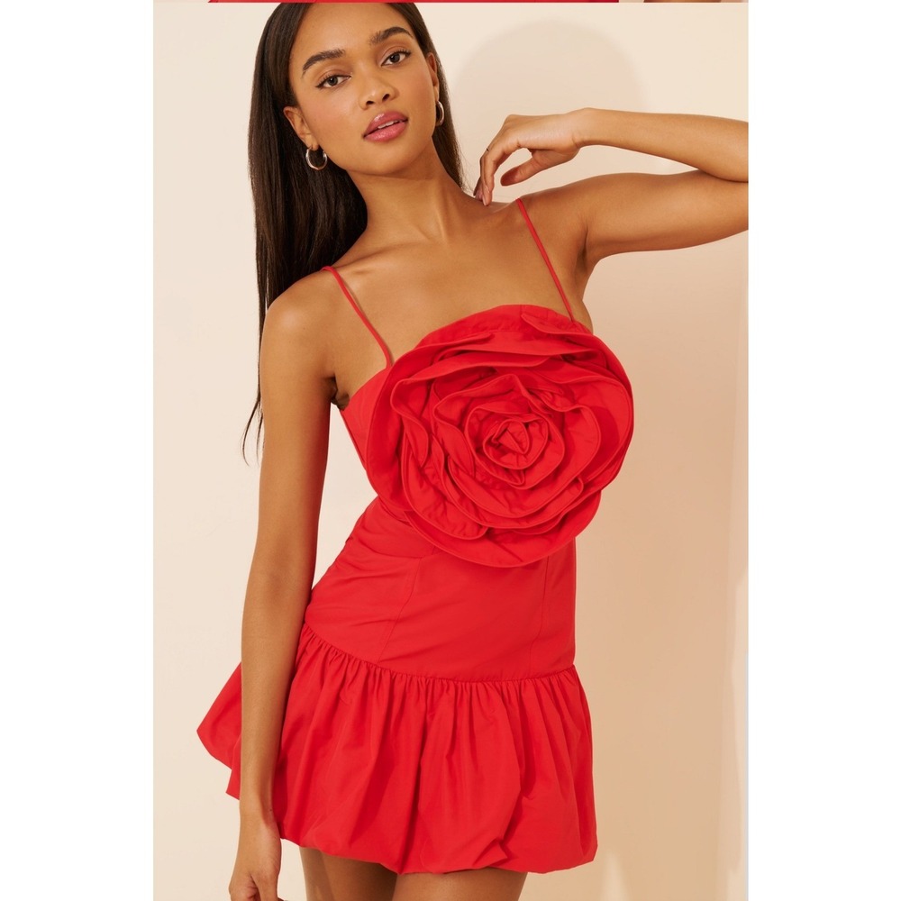 Farm Rio Rosette Balloon Mini Athropologie Dress Small Red 3D Floral Bubble Hem - Picture 2 of 14